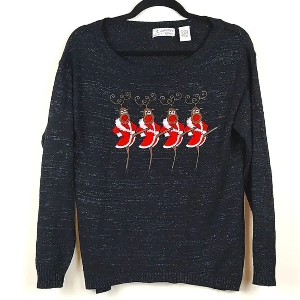 Isabella's Closet Crew Neck Christmas Sweater Embroidered Reindeer Rockettes